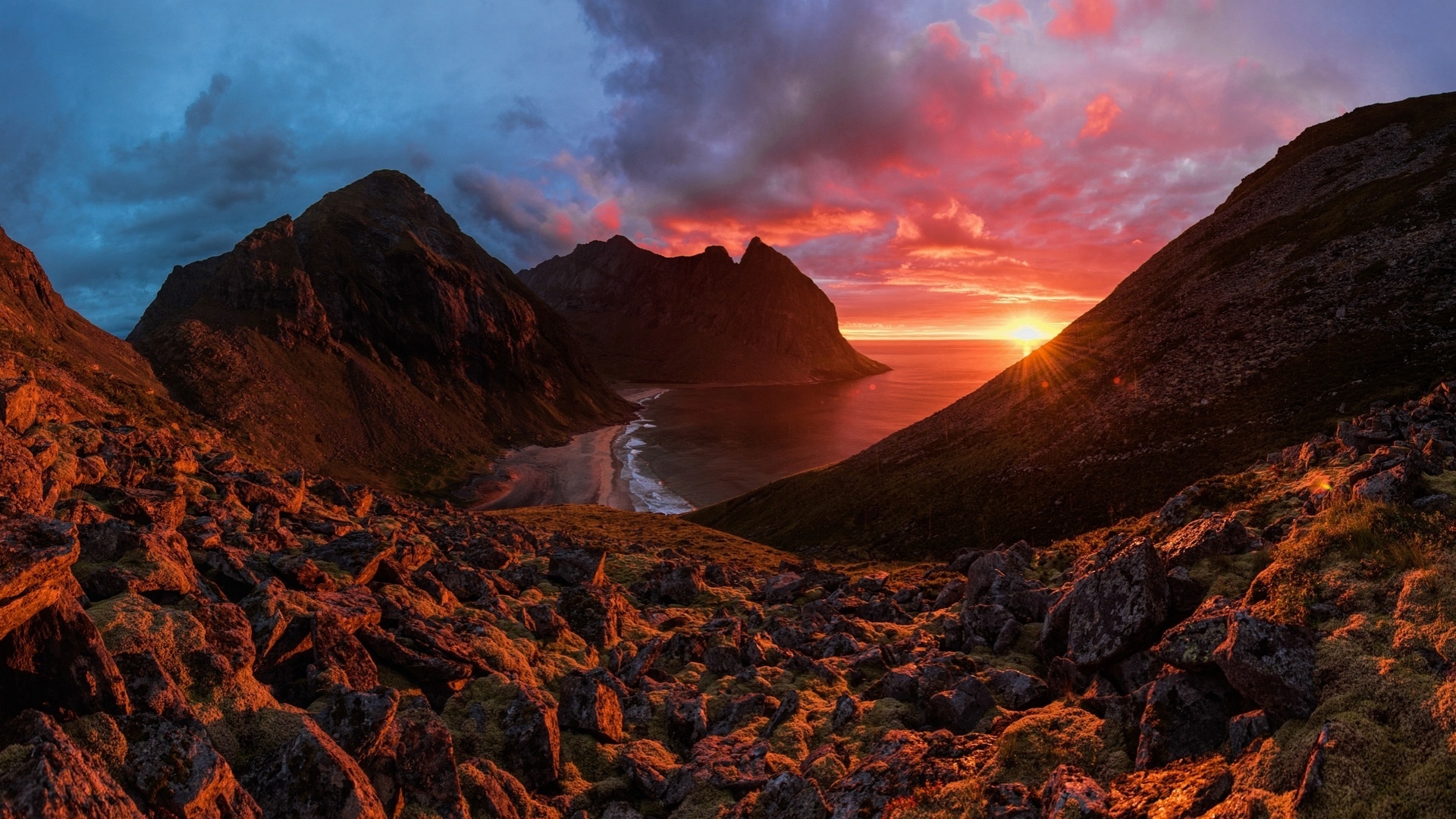 landscape, nature, mountains, sea, night, sunset