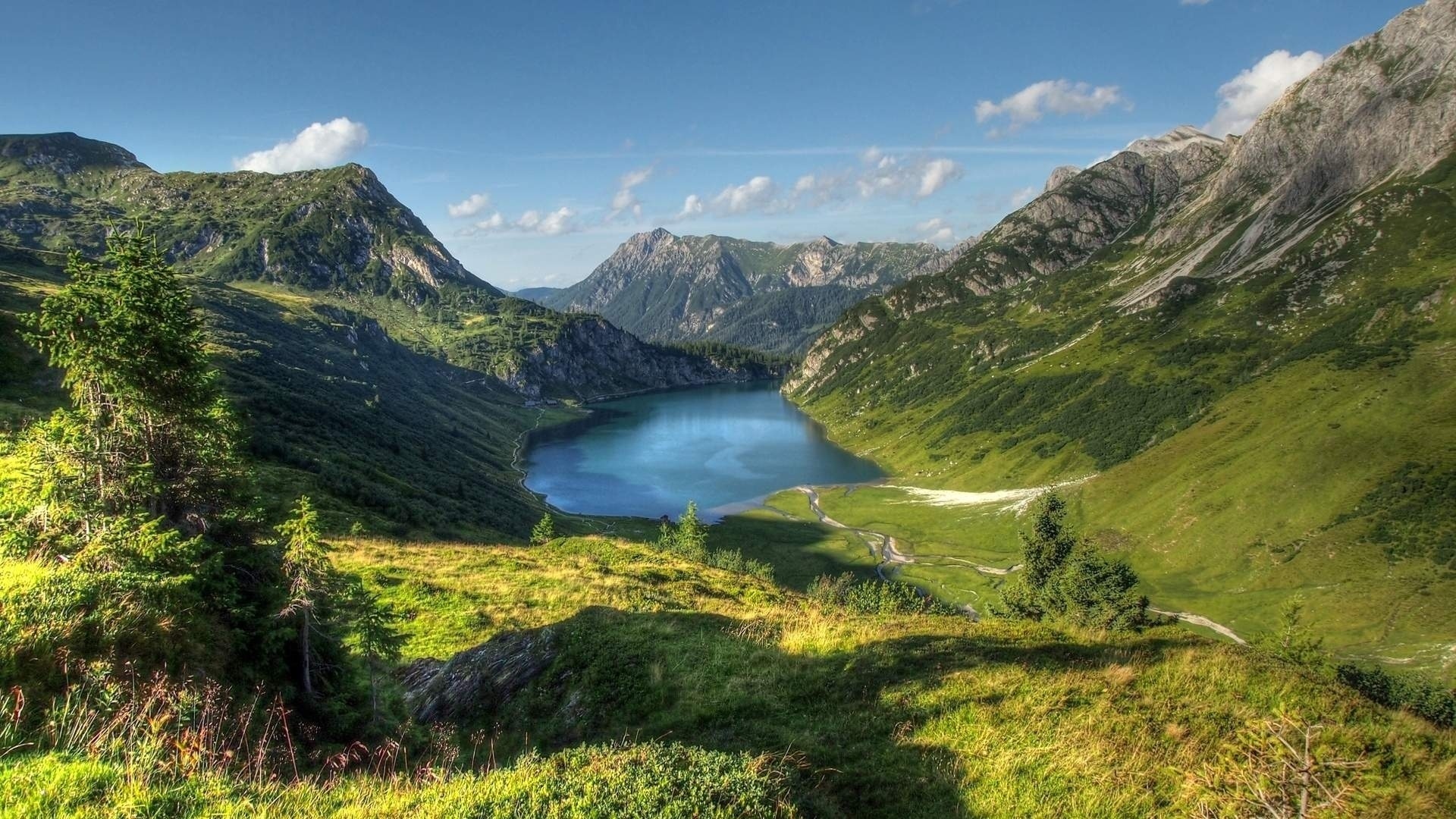 landscape, nature, mountains, lake, sky, clouds