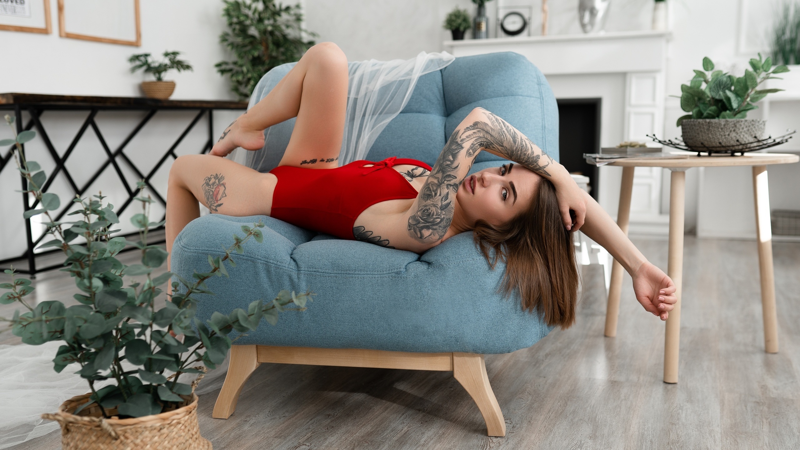 women, bodysuit, tattoo, women indoors, plants, looking at viewer, gray eyes, cleavage, pink nails, bust