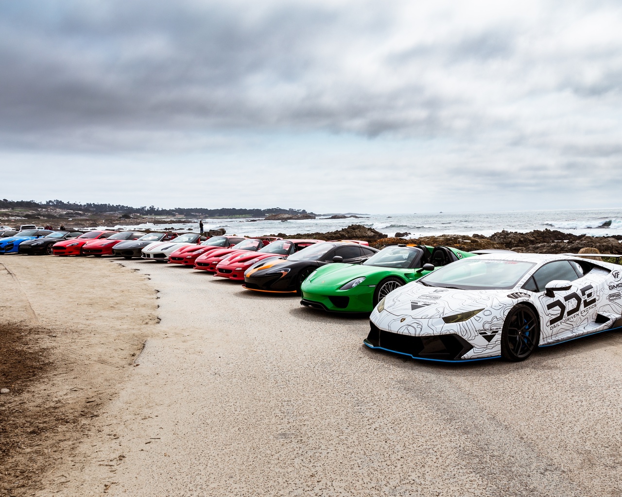 supercars, ferrari, lamborghini, coastline, horizon, porsche