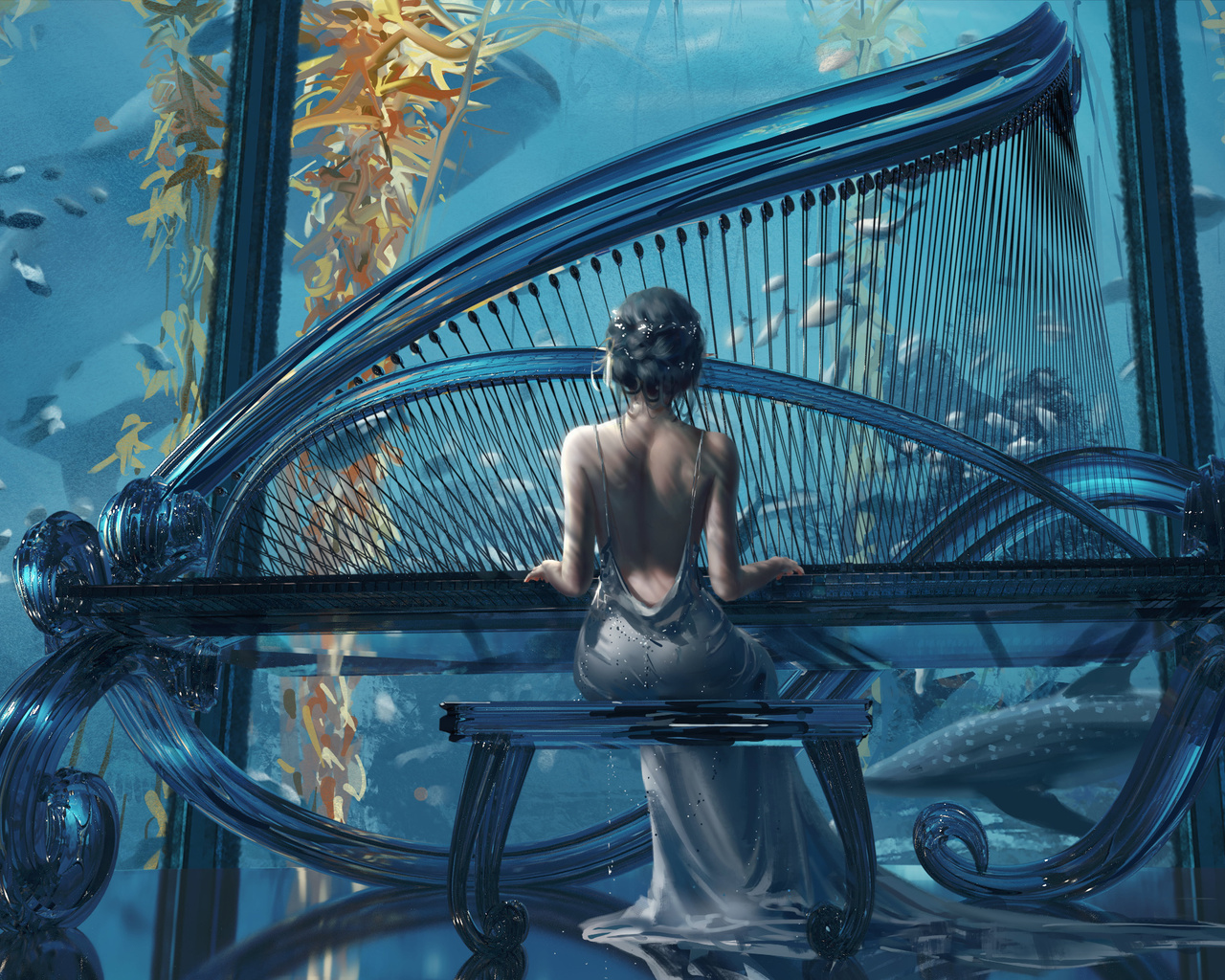 wlop, art, drawing, women, musical, instrument, piano, water, hd, wallpaper