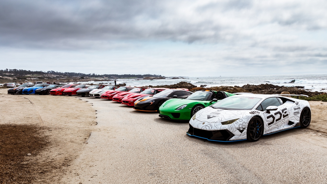 supercars, ferrari, lamborghini, coastline, horizon, porsche