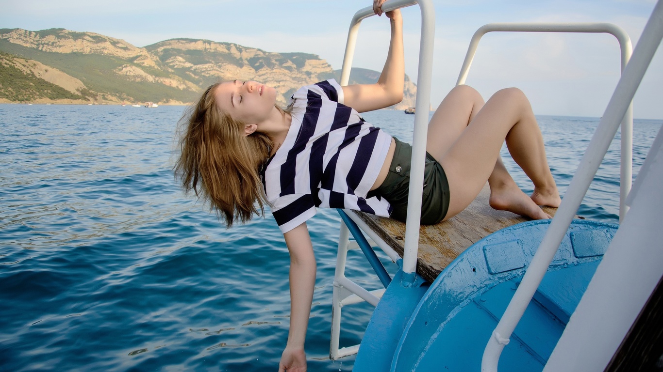 dmitry plotnikoff, carolina kris, boat, model, women, blonde, shorts, sea, barefoot, island, women outdoors, closed eyes, t-shirt