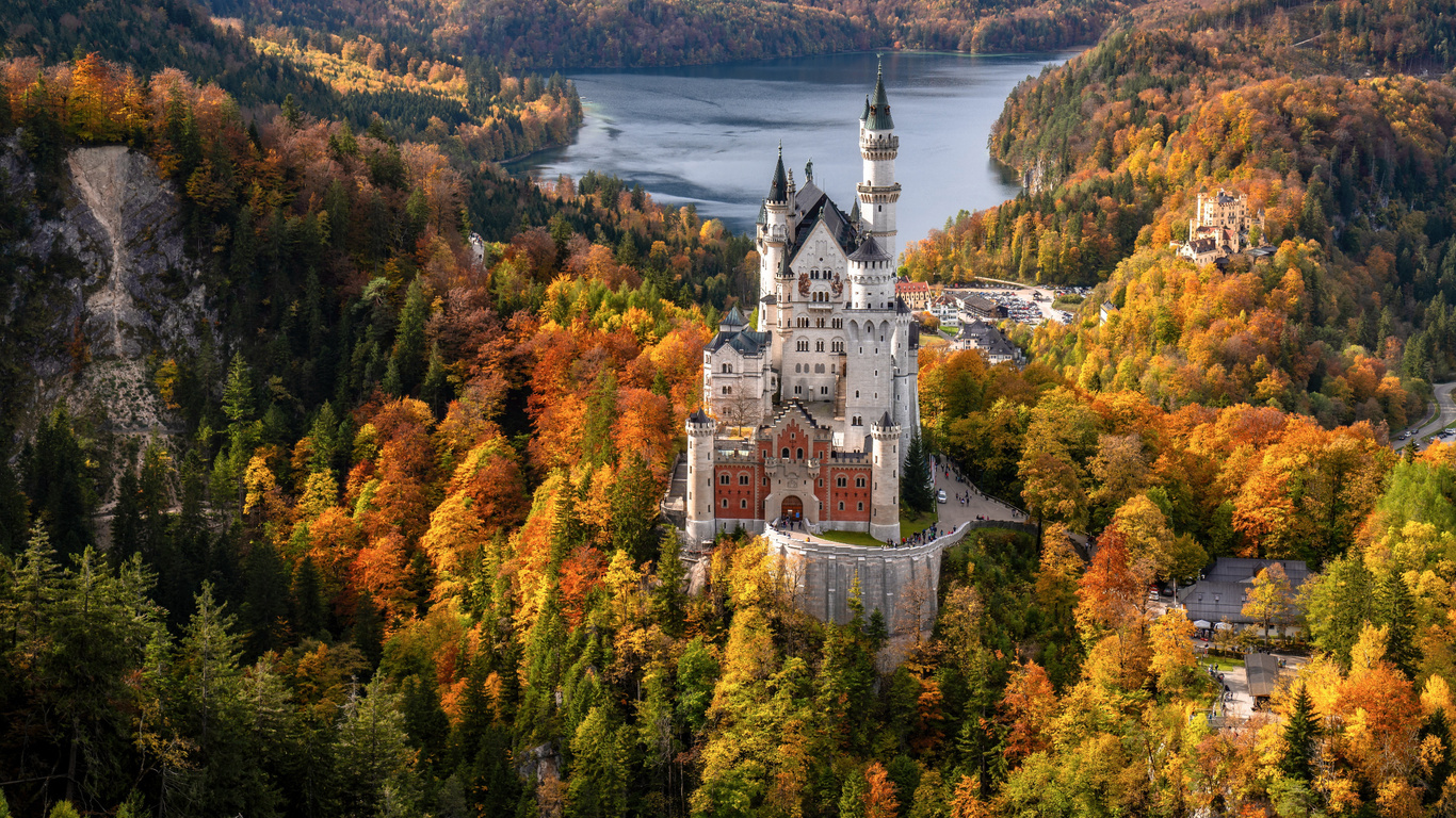 otono, bosque, lago, castillo, alemania, bayern, baviera, castillo, de, neuschwanstein, fondo, de, pantalla, hd