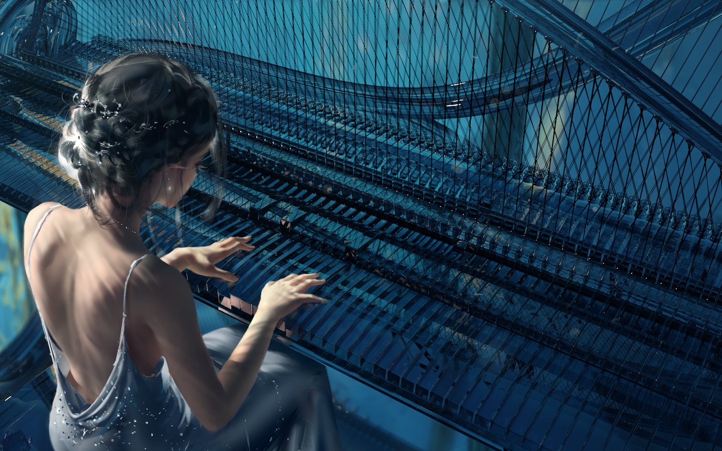 wlop, art, drawing, women, musical, piano, water, hd, wallpaper