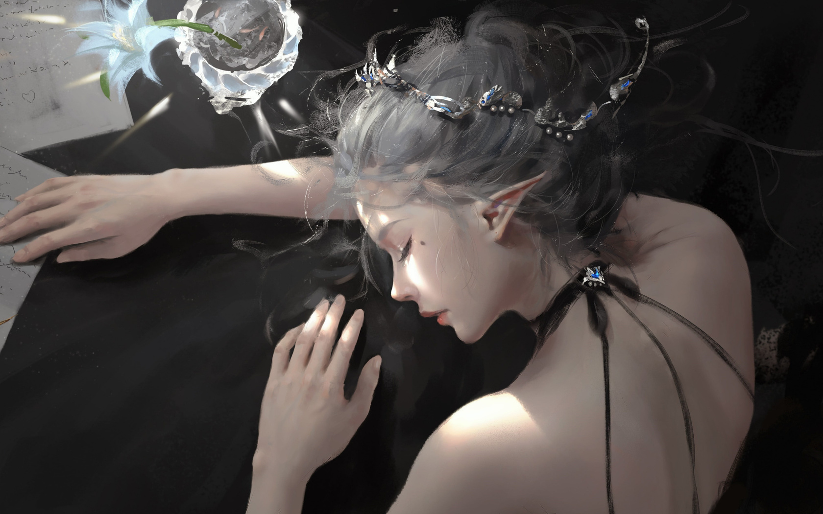 wlop, women, pen, flowers, closed, eyes, fantasy, art, fantasy, girl, artwork, art, hd, wallpaper