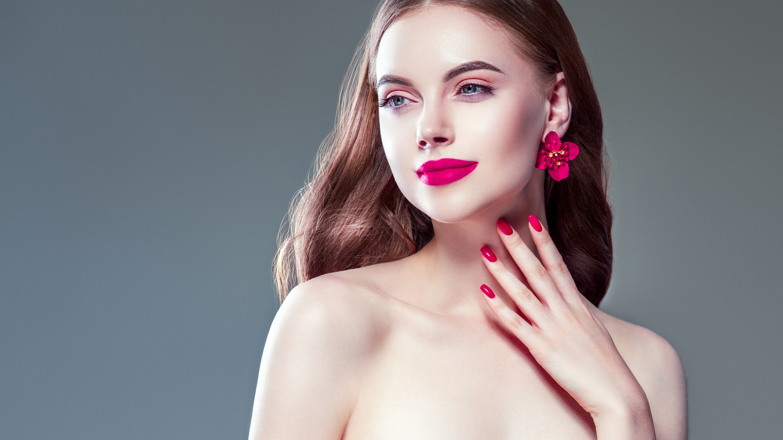 beautiful, manicure, pink, lips, brunette, woman, with, long, hair