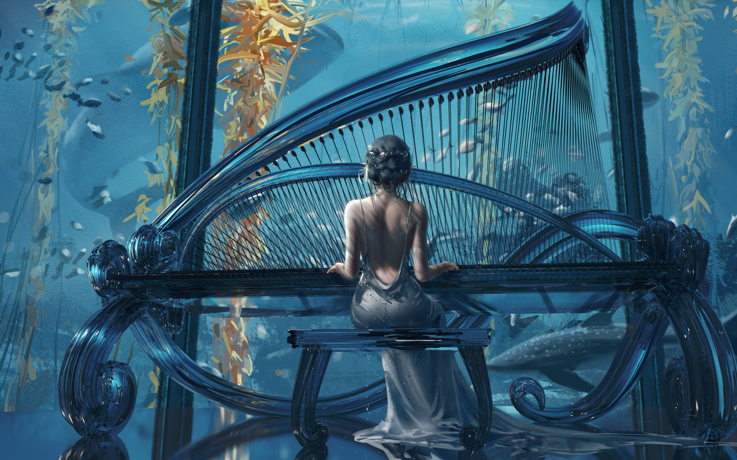 wlop, art, drawing, women, musical, instrument, piano, water, hd, wallpaper