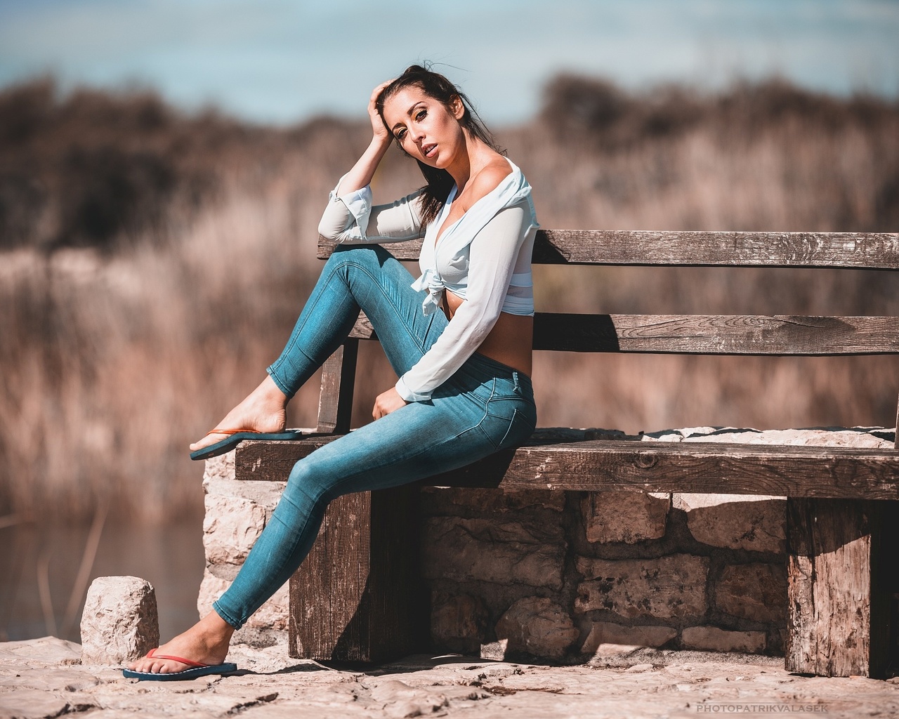 patrik valasek, model, brunette, jeans, women, short tops, short tops, flip flops, clouds, bench, sitting, women outdoors