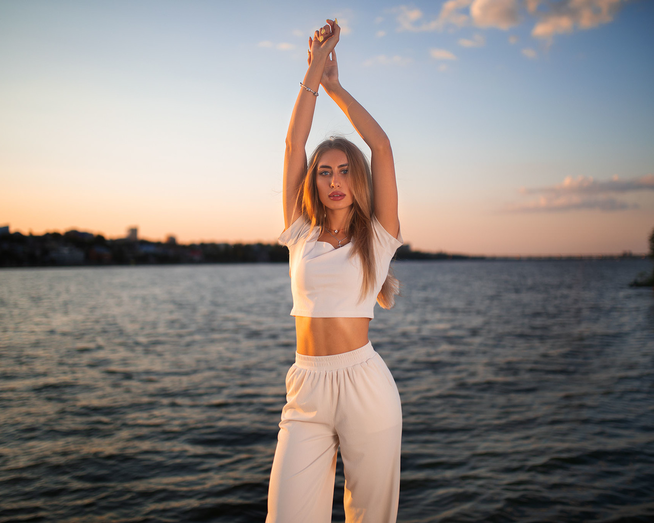 women, blonde, dmitry sn, arms up, river, sunset, women outdoors, white clothing, crucifix necklace, blue eyes, sky, clouds