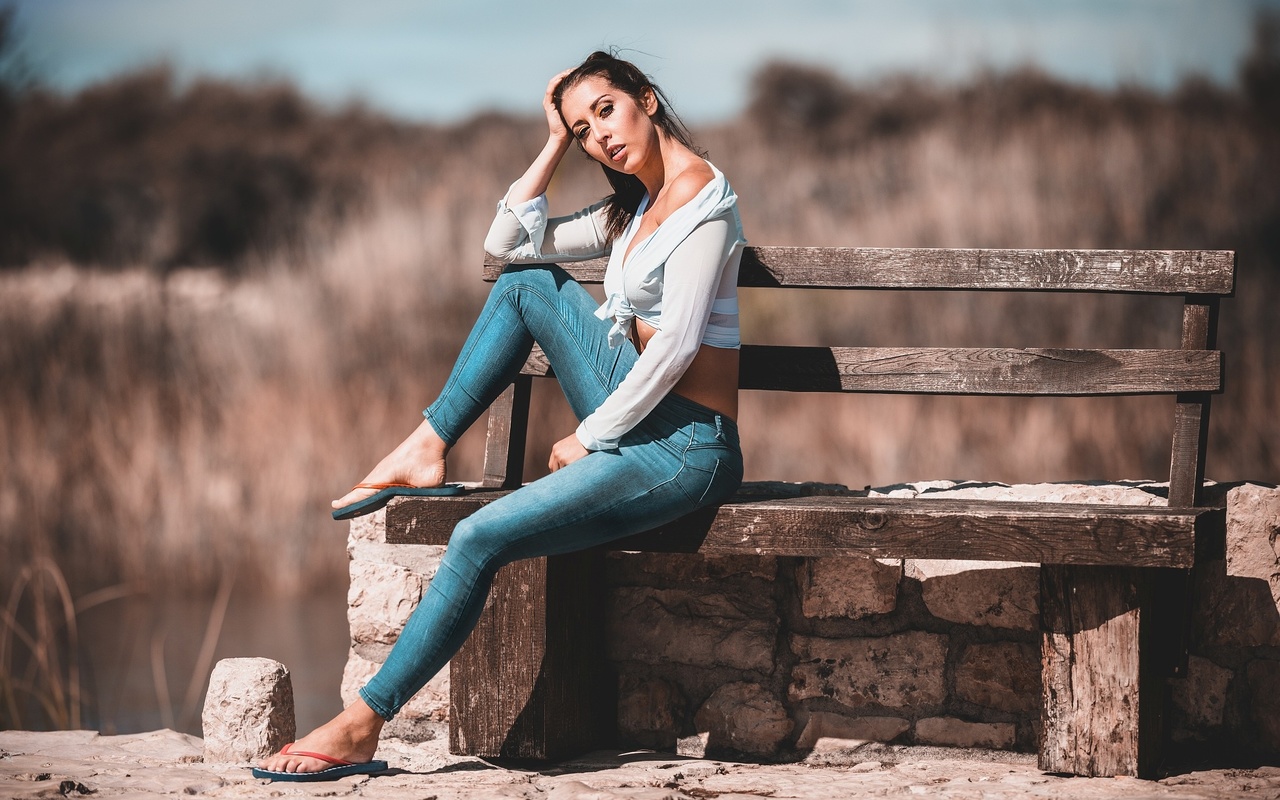 patrik valasek, model, brunette, jeans, women, short tops, short tops, flip flops, clouds, bench, sitting, women outdoors