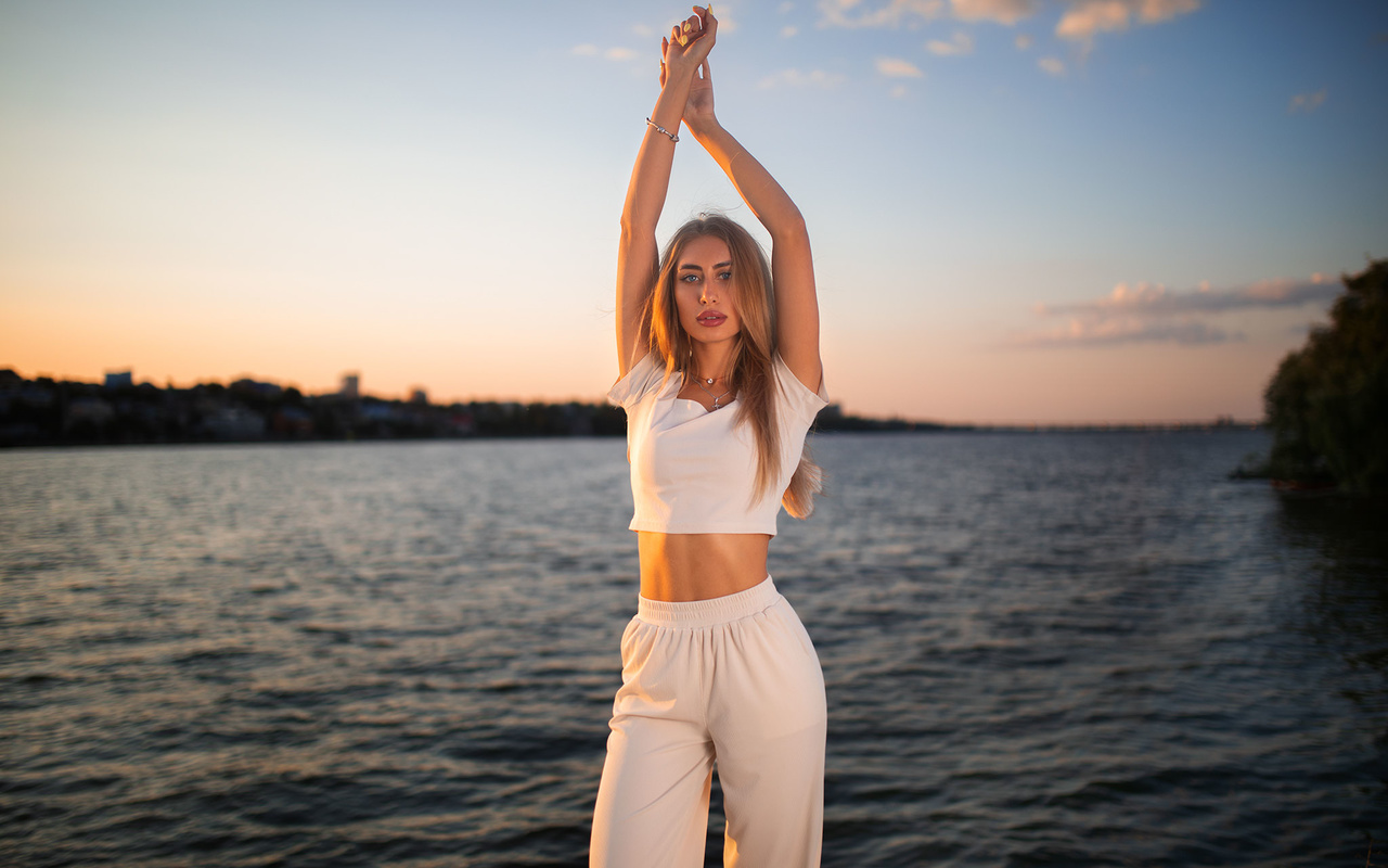 women, blonde, dmitry sn, arms up, river, sunset, women outdoors, white clothing, crucifix necklace, blue eyes, sky, clouds