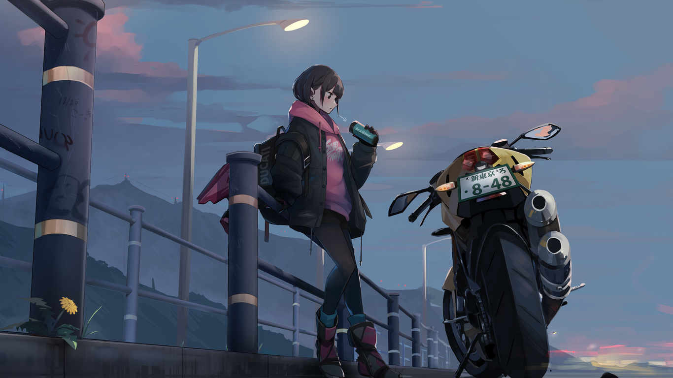 anime girl, motorcycle, ducati, sweatshirt, jacket, shorts, boots, street fighter, backpack, night, road, illustration, sky, clouds, gloves, digital art, street light