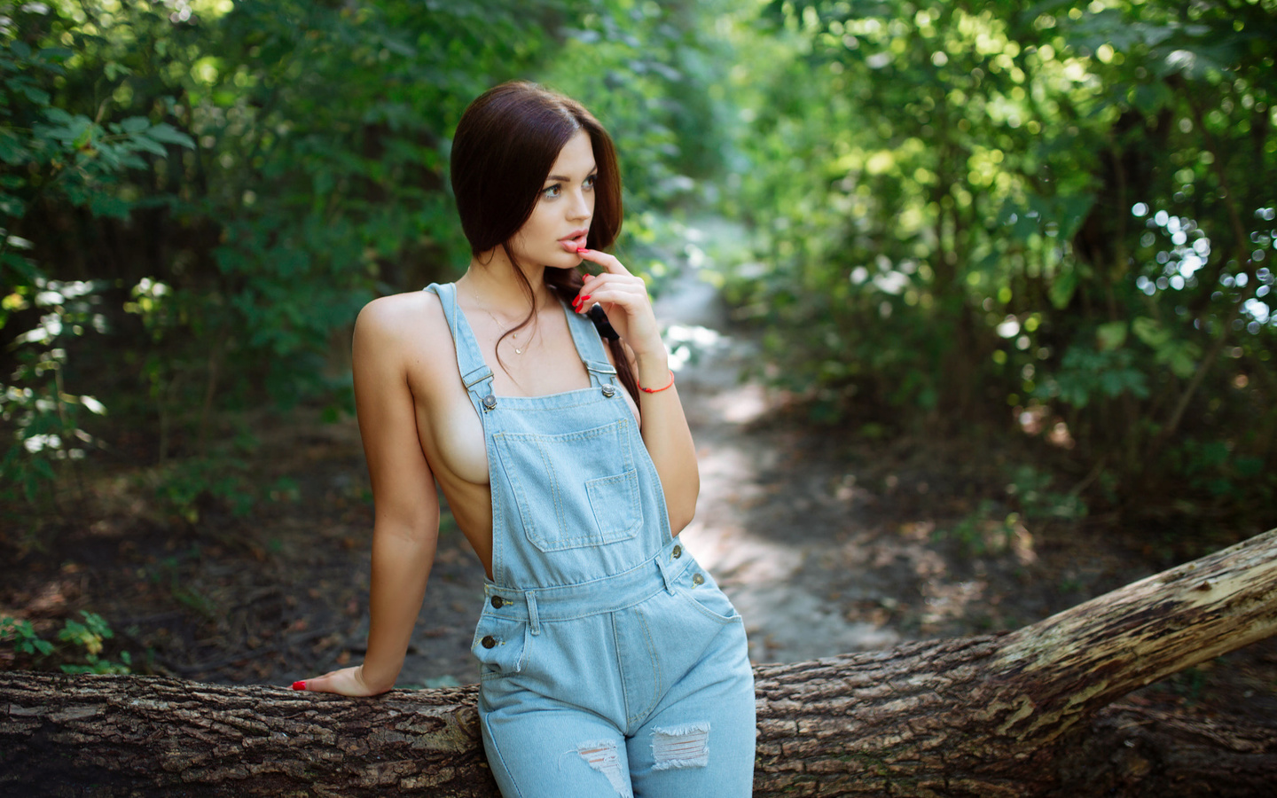 women, overalls, red nails, boobs, no bra, women outdoors, finger on lips, ribs, looking away, torn clothes