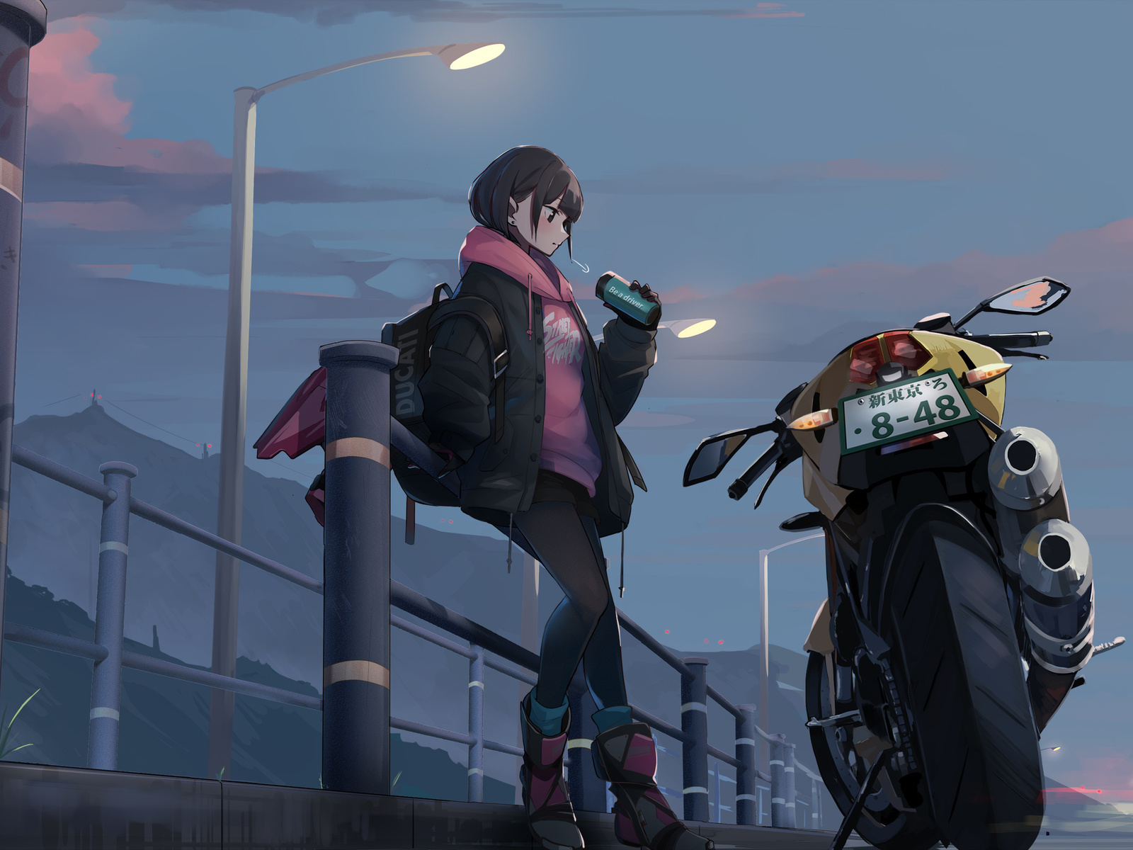 anime girl, motorcycle, ducati, sweatshirt, jacket, shorts, boots, street fighter, backpack, night, road, illustration, sky, clouds, gloves, digital art, street light