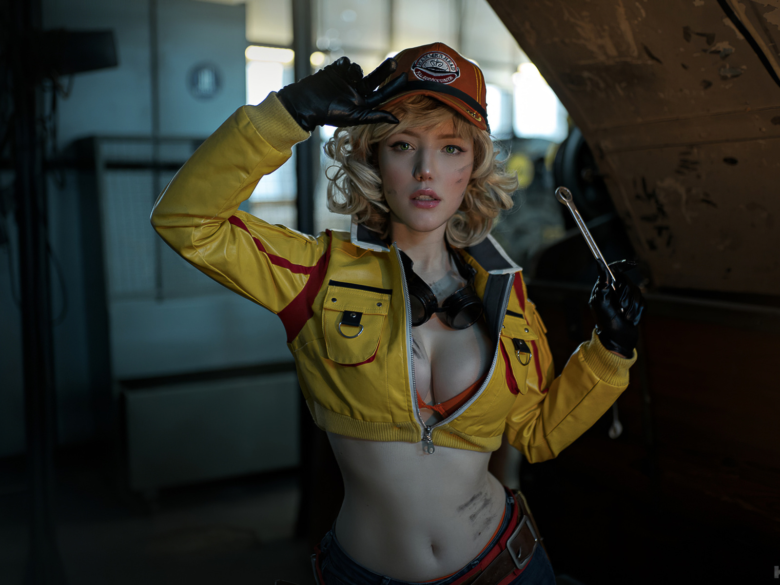 kira mitenkova, lada lyumos, cindy aurum, final fantasy xv, video games girl, video games, model, blonde, brunette, goggles, baseball cap, jacket, women, jacket, open jacket, neckline, red bra, gloves, machine, tool, window, belly button, boobs, video gam