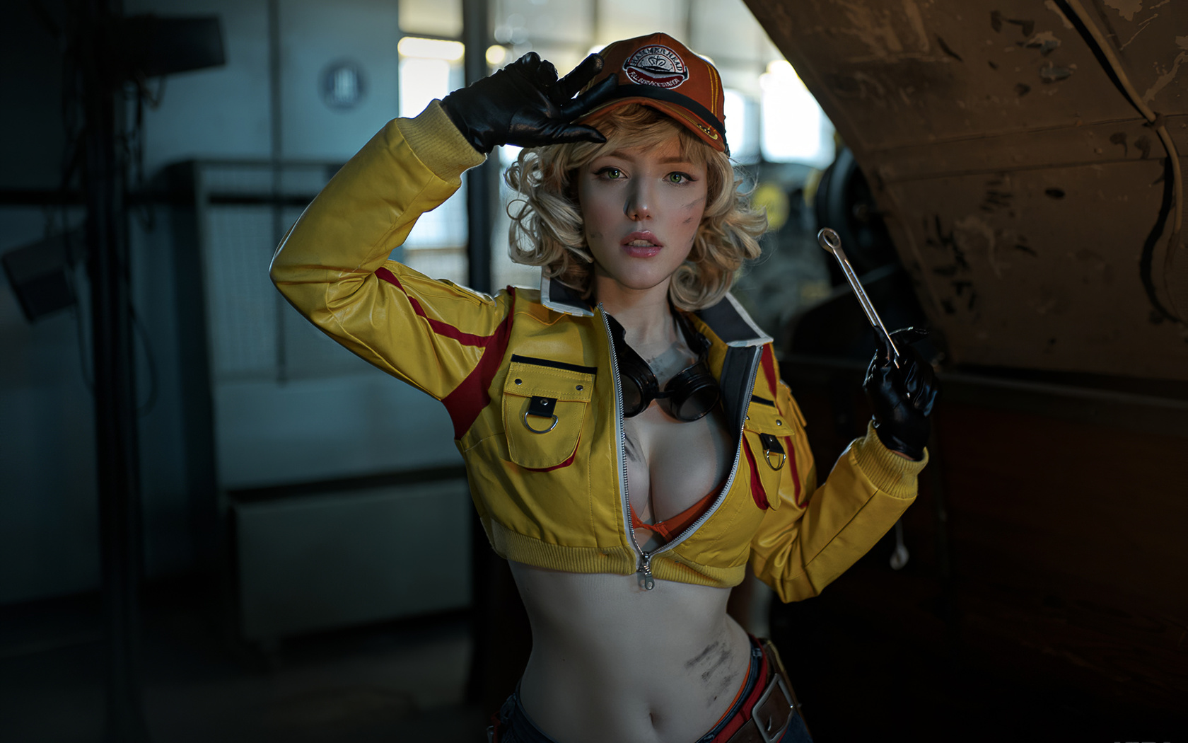 kira mitenkova, lada lyumos, cindy aurum, final fantasy xv, video games girl, video games, model, blonde, brunette, goggles, baseball cap, jacket, women, jacket, open jacket, neckline, red bra, gloves, machine, tool, window, belly button, boobs, video gam