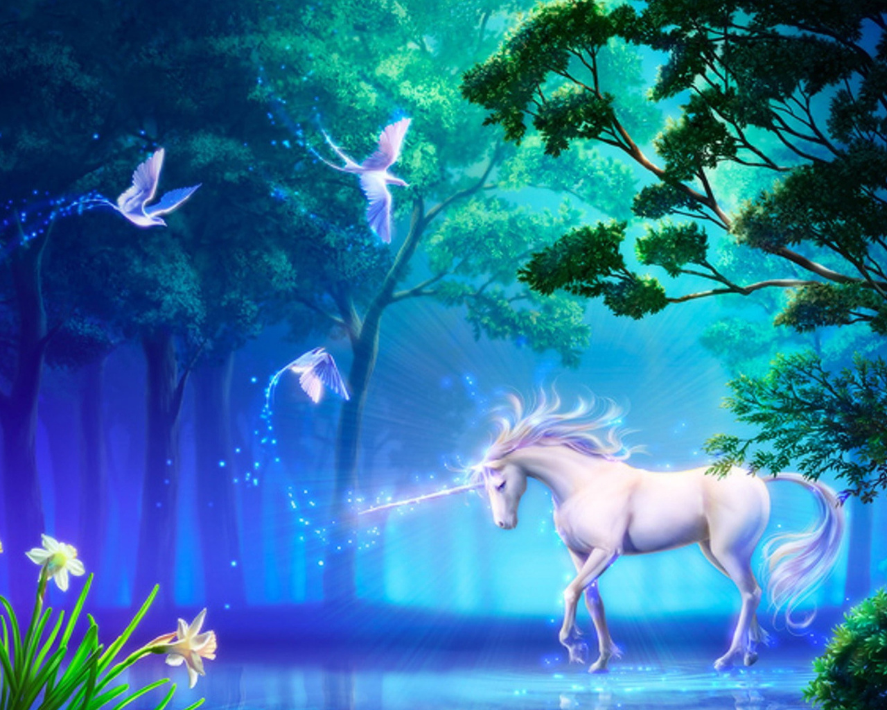 unicorn, butterfly, forrest, tree