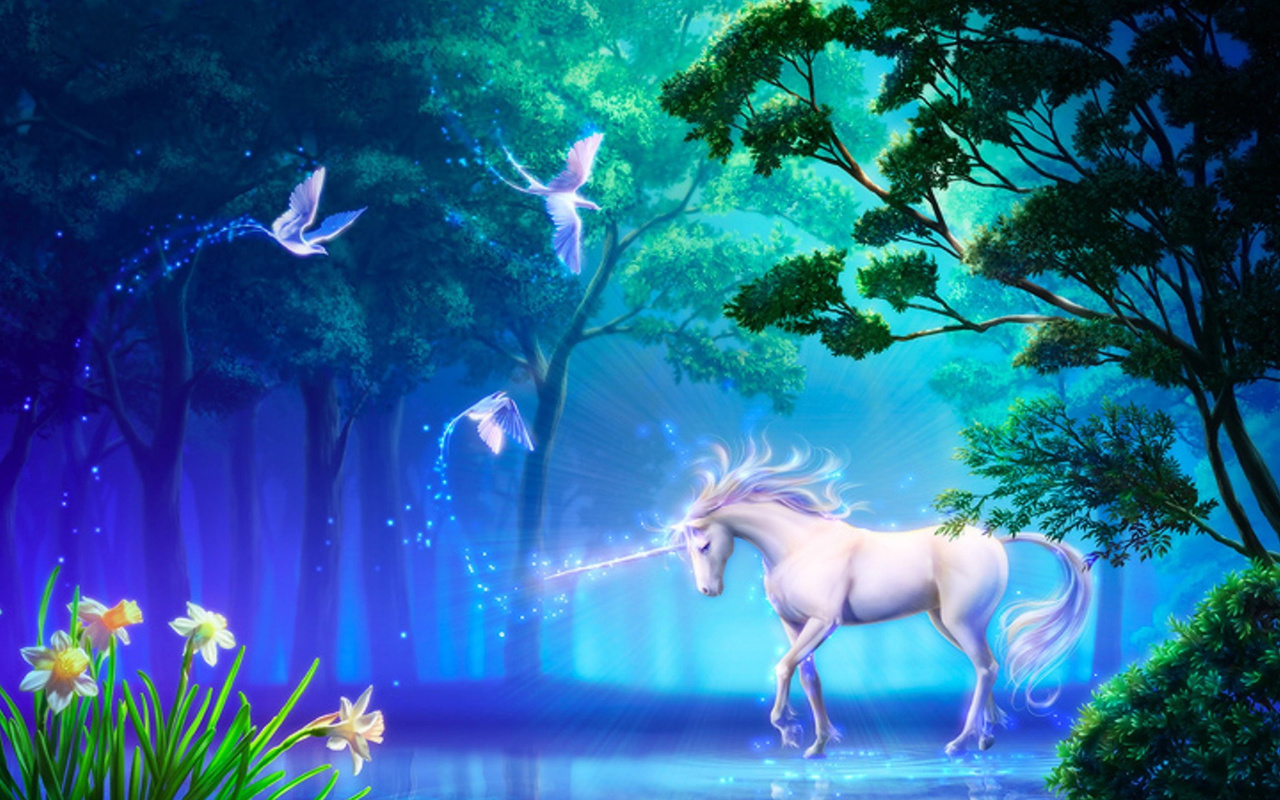 unicorn, butterfly, forrest, tree