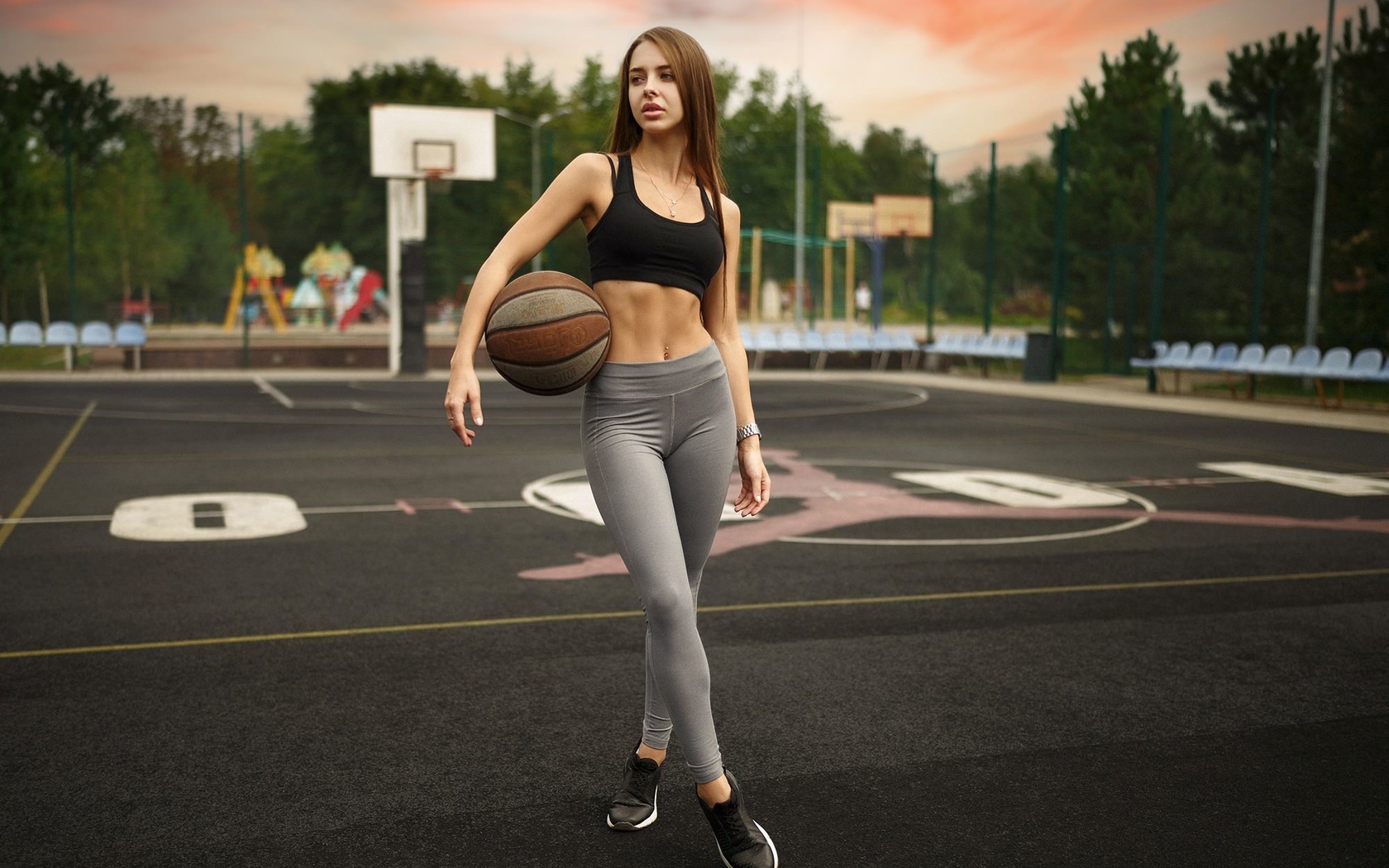 women, ball, sportswear, belly, sneakers, necklace, black top, trees, women outdoors, watch, basketball court