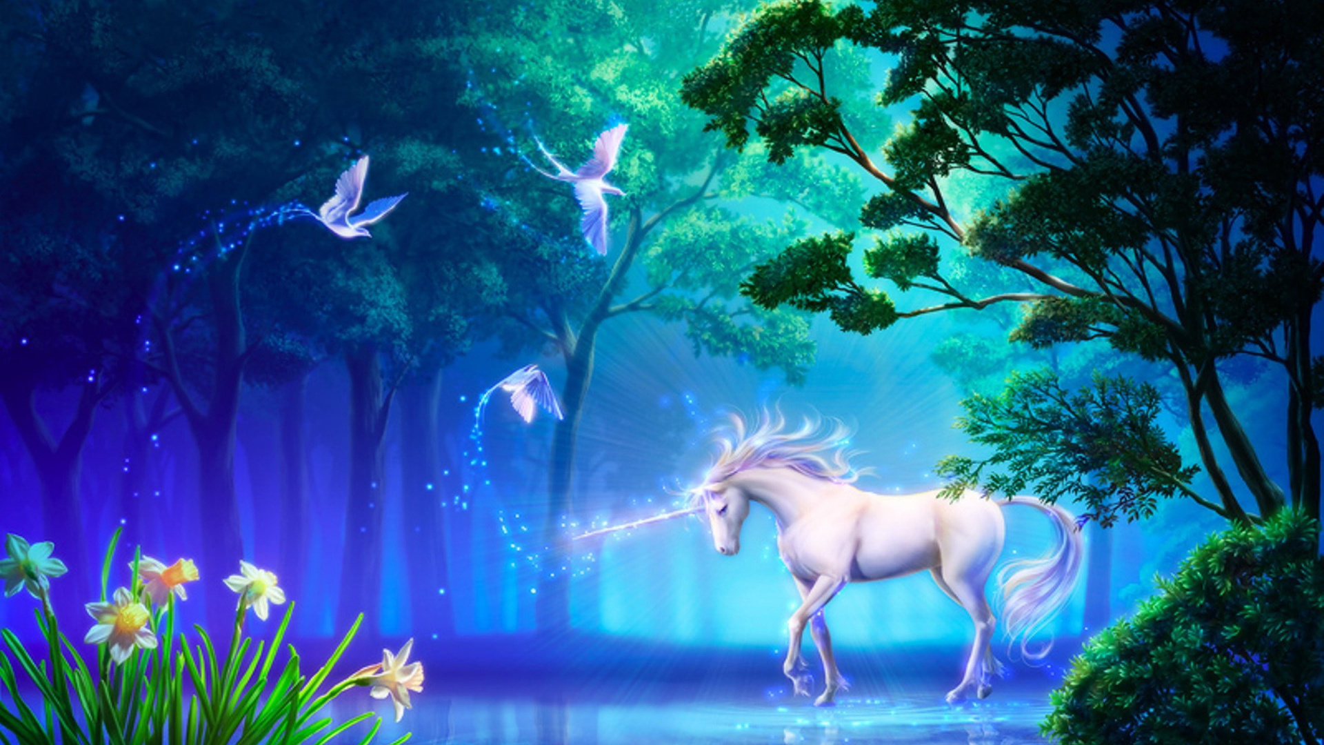 unicorn, butterfly, forrest, tree