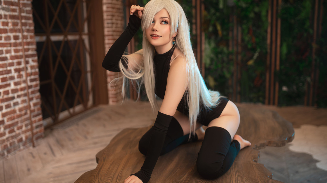 anastasia komori, elizabeth liones, the seven deadly sins, model, women, anime girl, cosplay, blonde, leotard, kneeling, blue eyes, bodysuit, hips, women indoors, thigh high socks