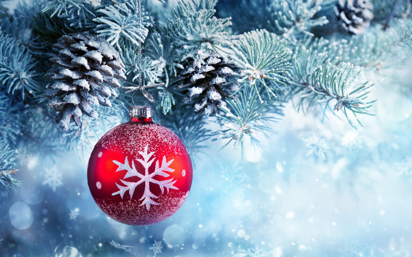 red, and, white, christmas, bauble, with, christmas, tree, snow, decoration, balls