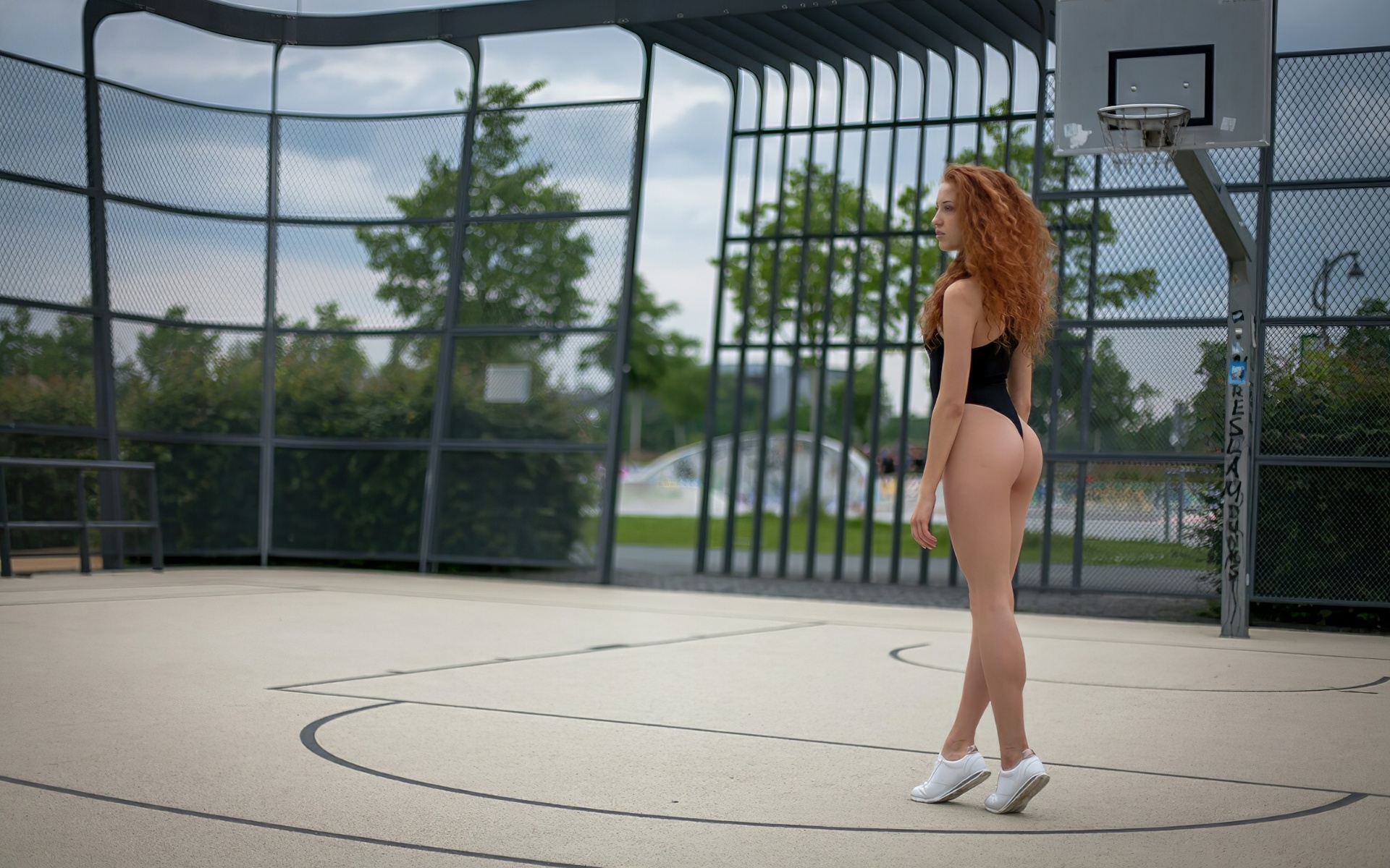 women, redhead, model, curly hair, women outdoors, bodysuit, basketball court, trees, sky, clouds, ass, sneakers