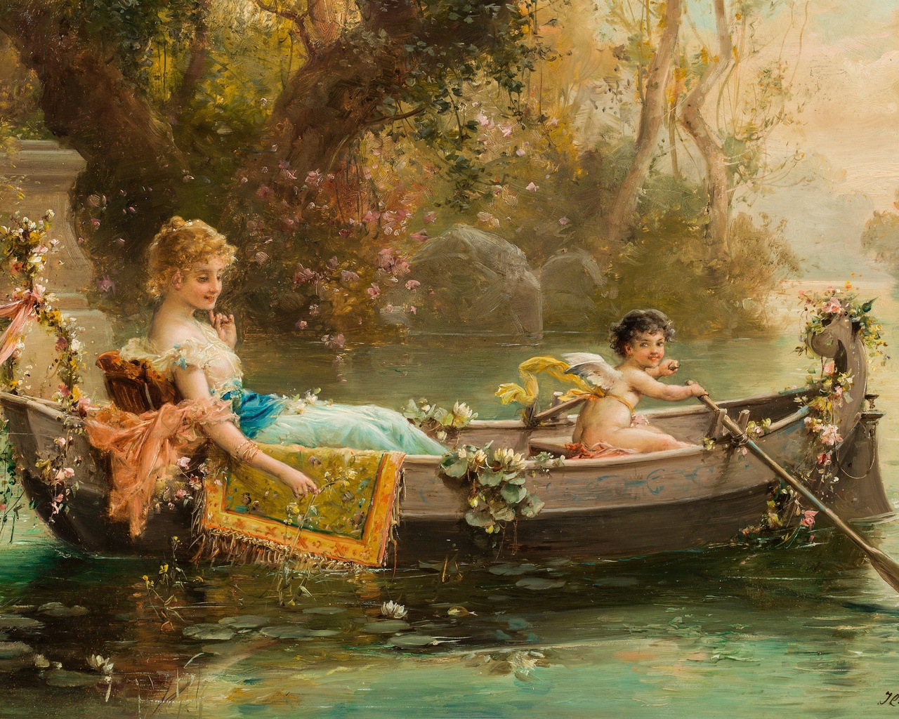 hans zatzka, austrian painter,  ,  , lady and a cherub in a boat,     