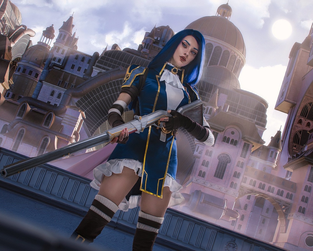 alin ma, league of legends, caitlyn (league of legends), pc gaming, fantasy girl, blue hair, video game girls, video games, women, model, cosplay, dress, shotgun, weapon, gloves, boots, blue eyes