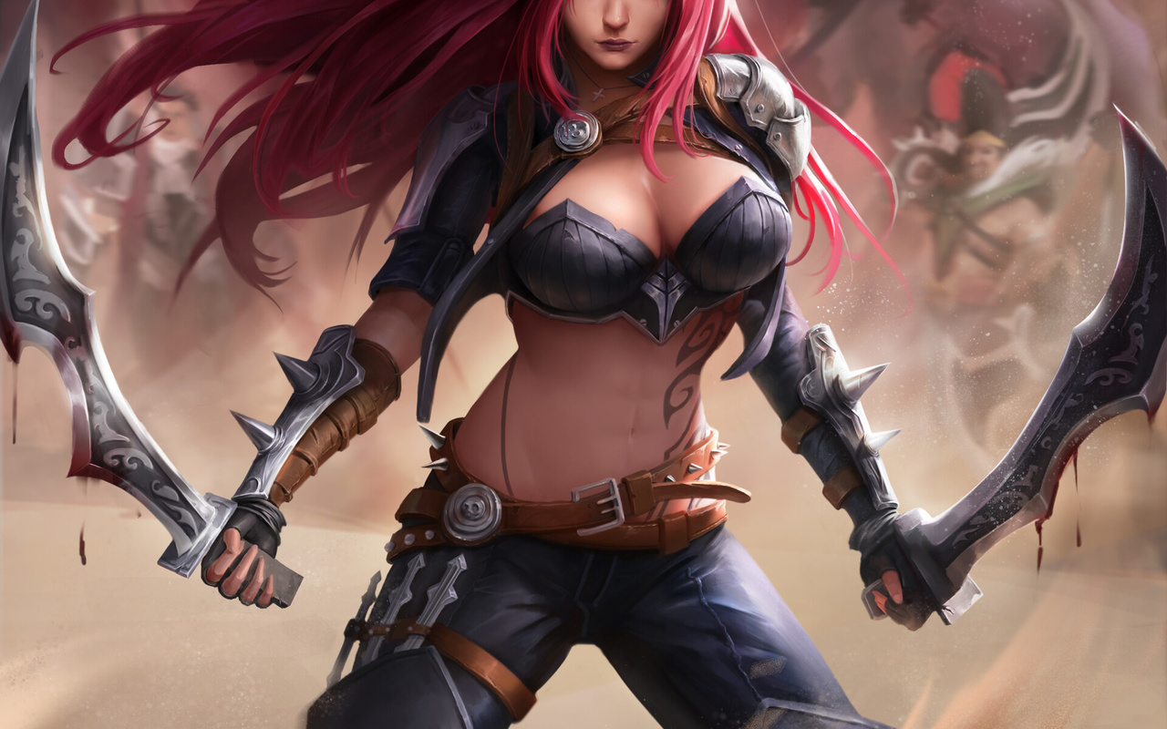 katarina, league of legends, women, redhead, video game girls, video games, sword, tattoo, armor, blue eyes, belly, belly button, weapon, scar