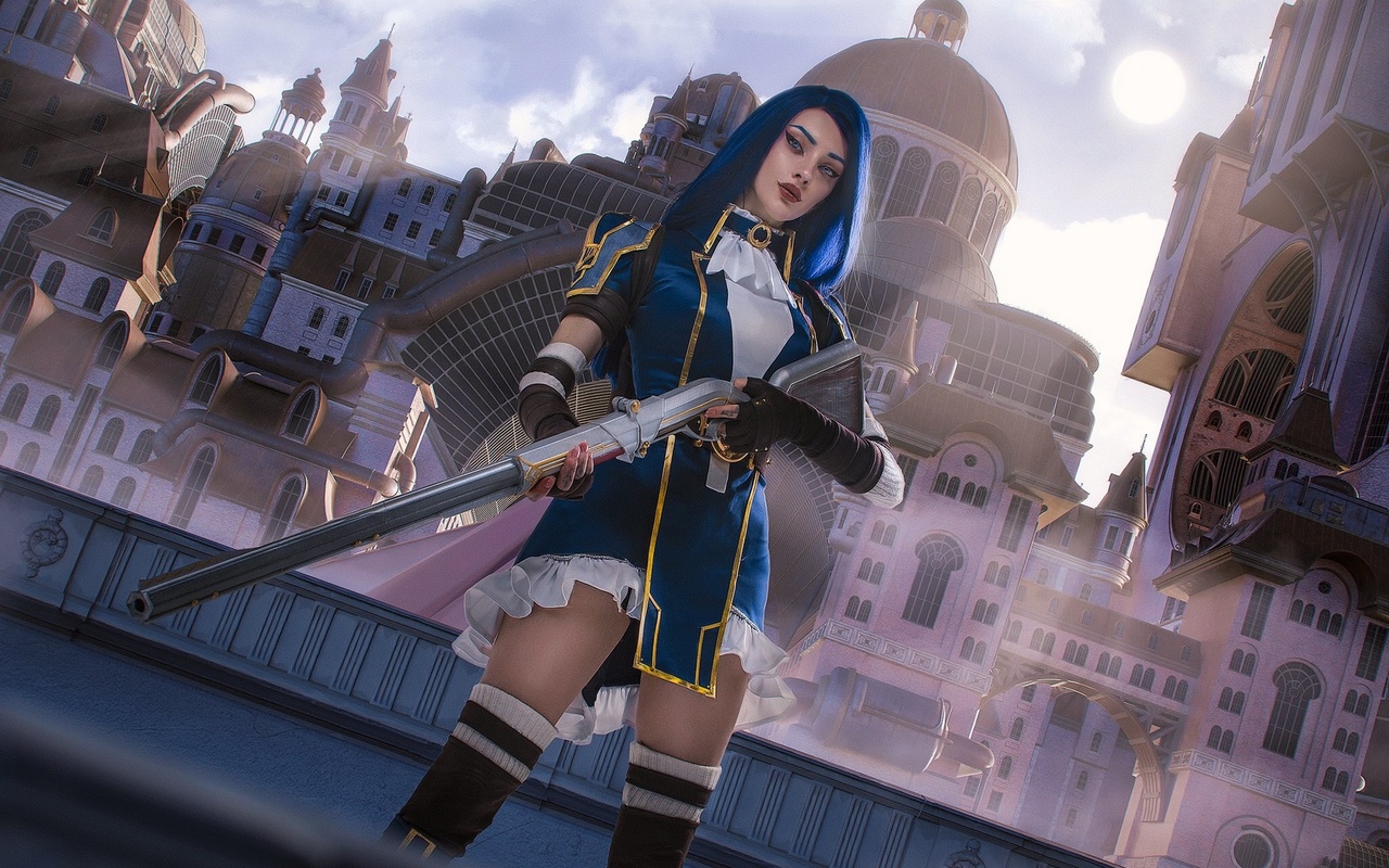 alin ma, league of legends, caitlyn (league of legends), pc gaming, fantasy girl, blue hair, video game girls, video games, women, model, cosplay, dress, shotgun, weapon, gloves, boots, blue eyes