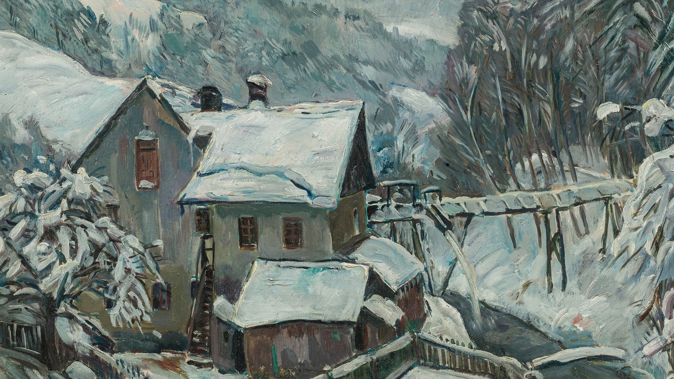  , ernst huber,  , winter landscape with mill,    