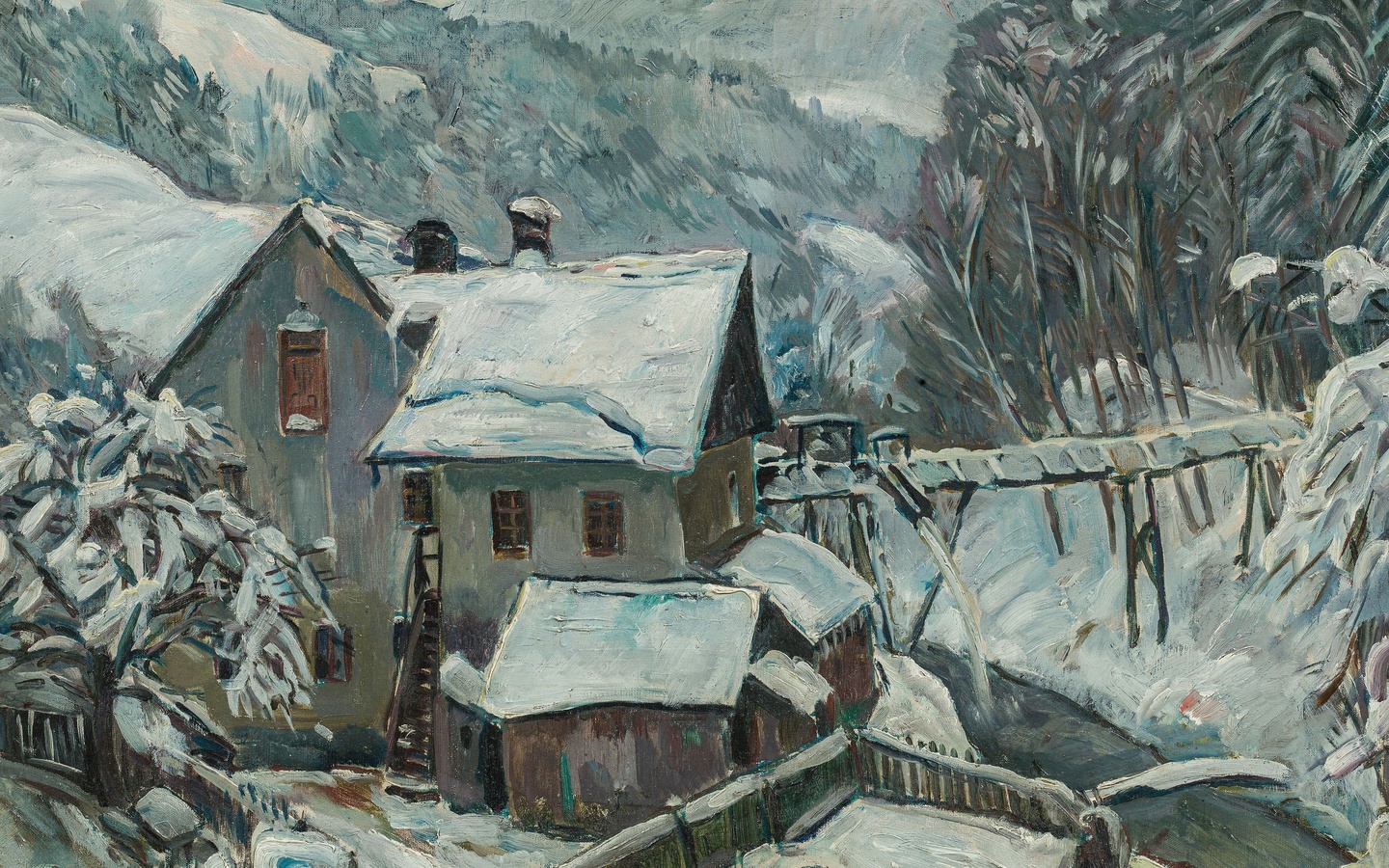  , ernst huber,  , winter landscape with mill,    