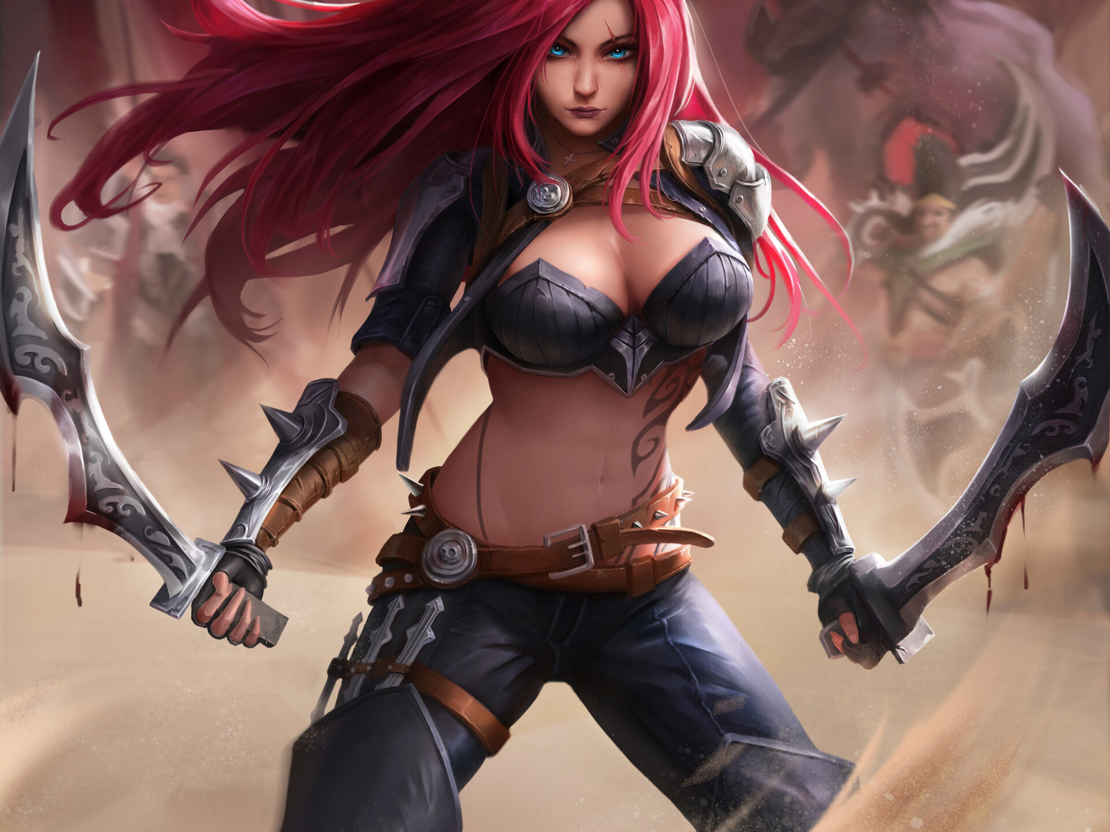 katarina, league of legends, women, redhead, video game girls, video games, sword, tattoo, armor, blue eyes, belly, belly button, weapon, scar