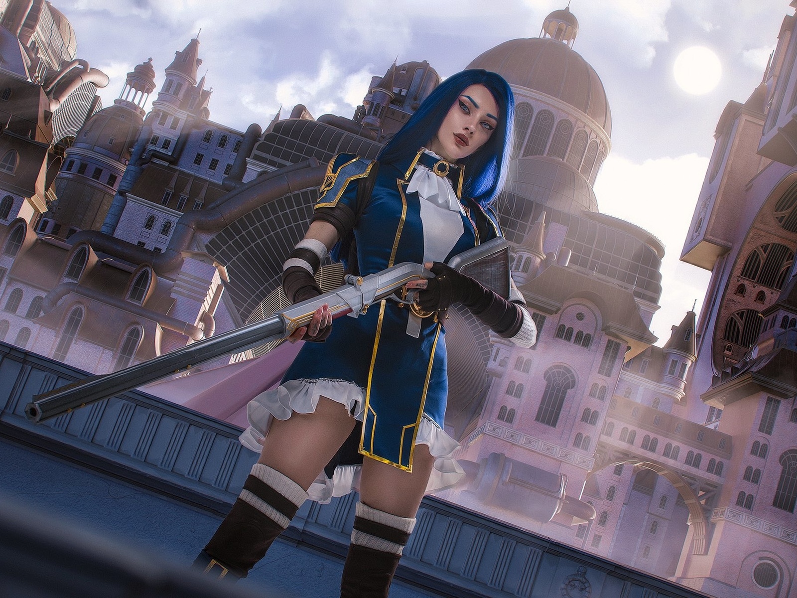 alin ma, league of legends, caitlyn (league of legends), pc gaming, fantasy girl, blue hair, video game girls, video games, women, model, cosplay, dress, shotgun, weapon, gloves, boots, blue eyes