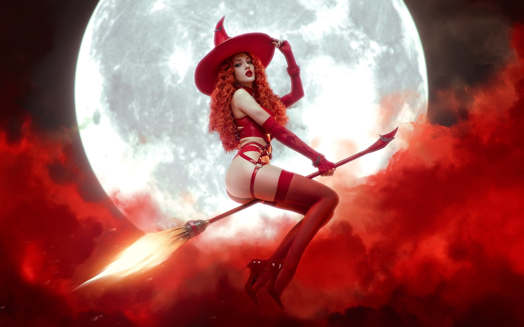 alin ma, women, model, redhead, cosplay, flying witch, witch, witch hat, red lingerie, lingerie, ass, red panties, red bra, clouds, moon, tattoo, gloves, red stockings, stockings