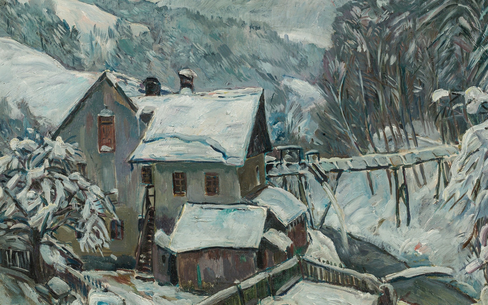  , ernst huber,  , winter landscape with mill,    