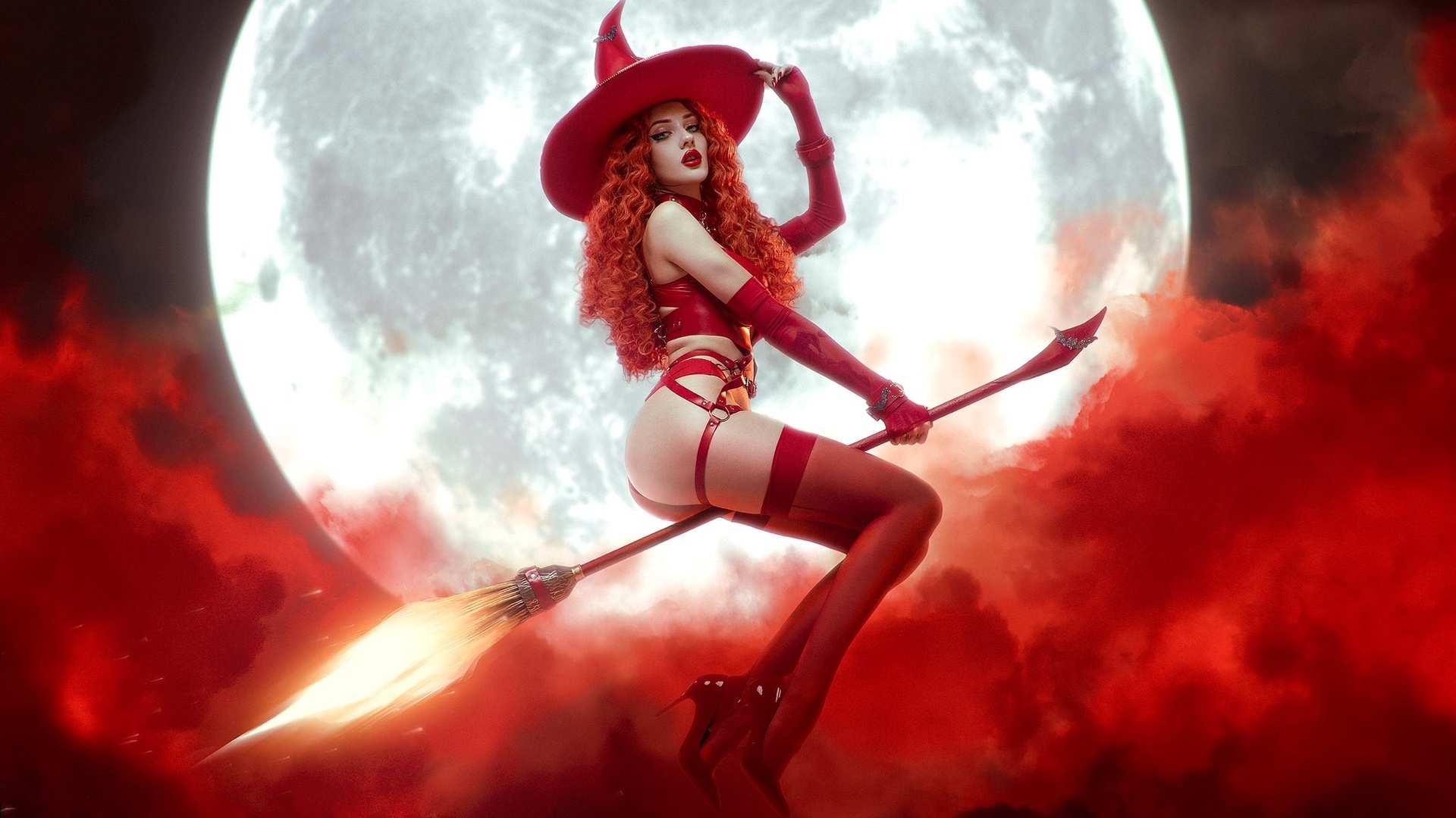 alin ma, women, model, redhead, cosplay, flying witch, witch, witch hat, red lingerie, lingerie, ass, red panties, red bra, clouds, moon, tattoo, gloves, red stockings, stockings