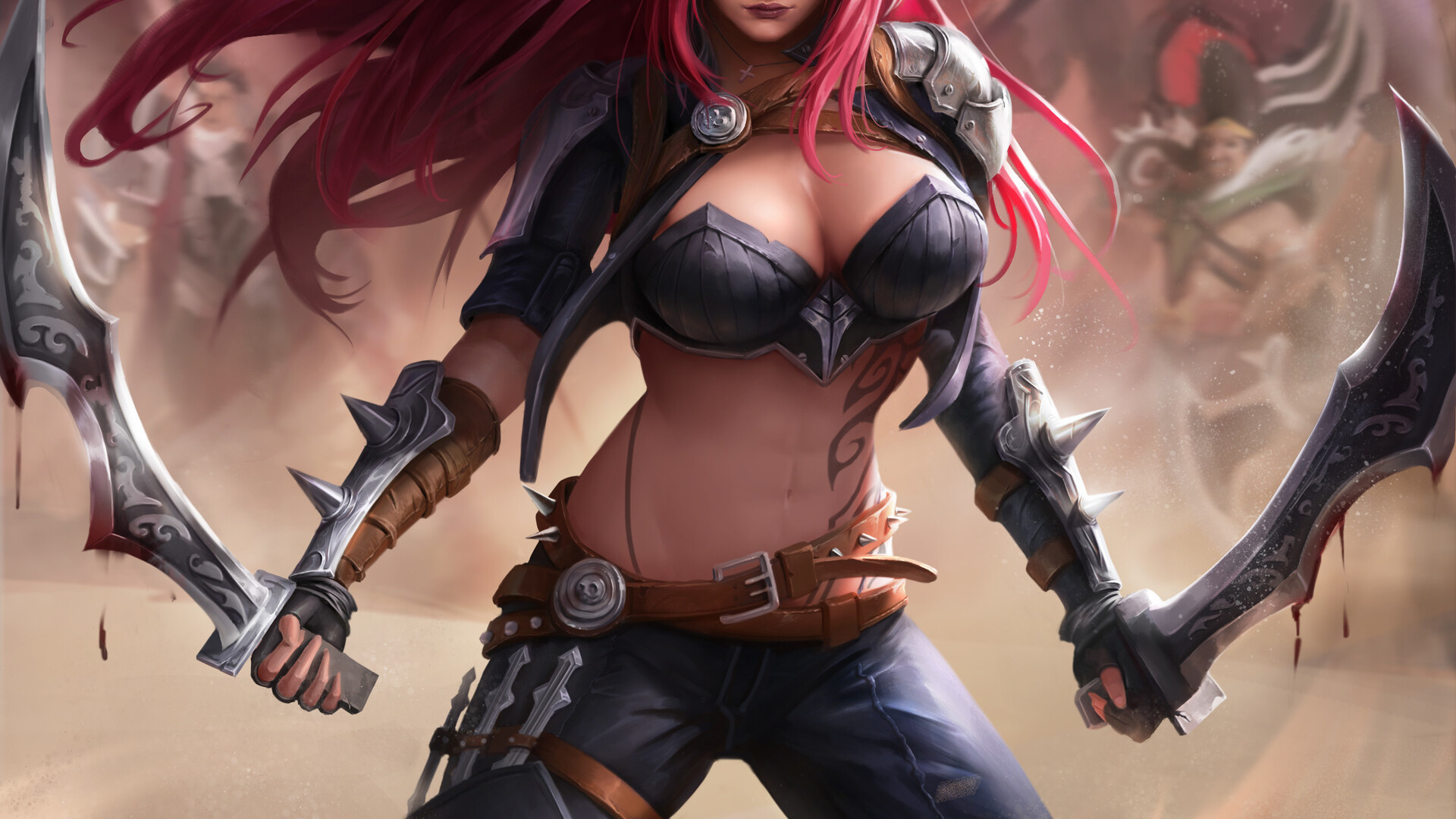 katarina, league of legends, women, redhead, video game girls, video games, sword, tattoo, armor, blue eyes, belly, belly button, weapon, scar