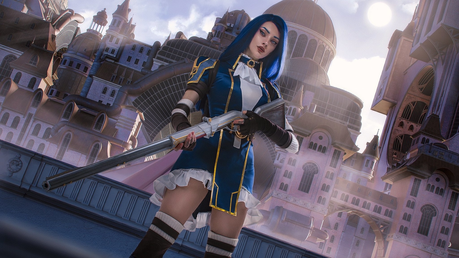 alin ma, league of legends, caitlyn (league of legends), pc gaming, fantasy girl, blue hair, video game girls, video games, women, model, cosplay, dress, shotgun, weapon, gloves, boots, blue eyes