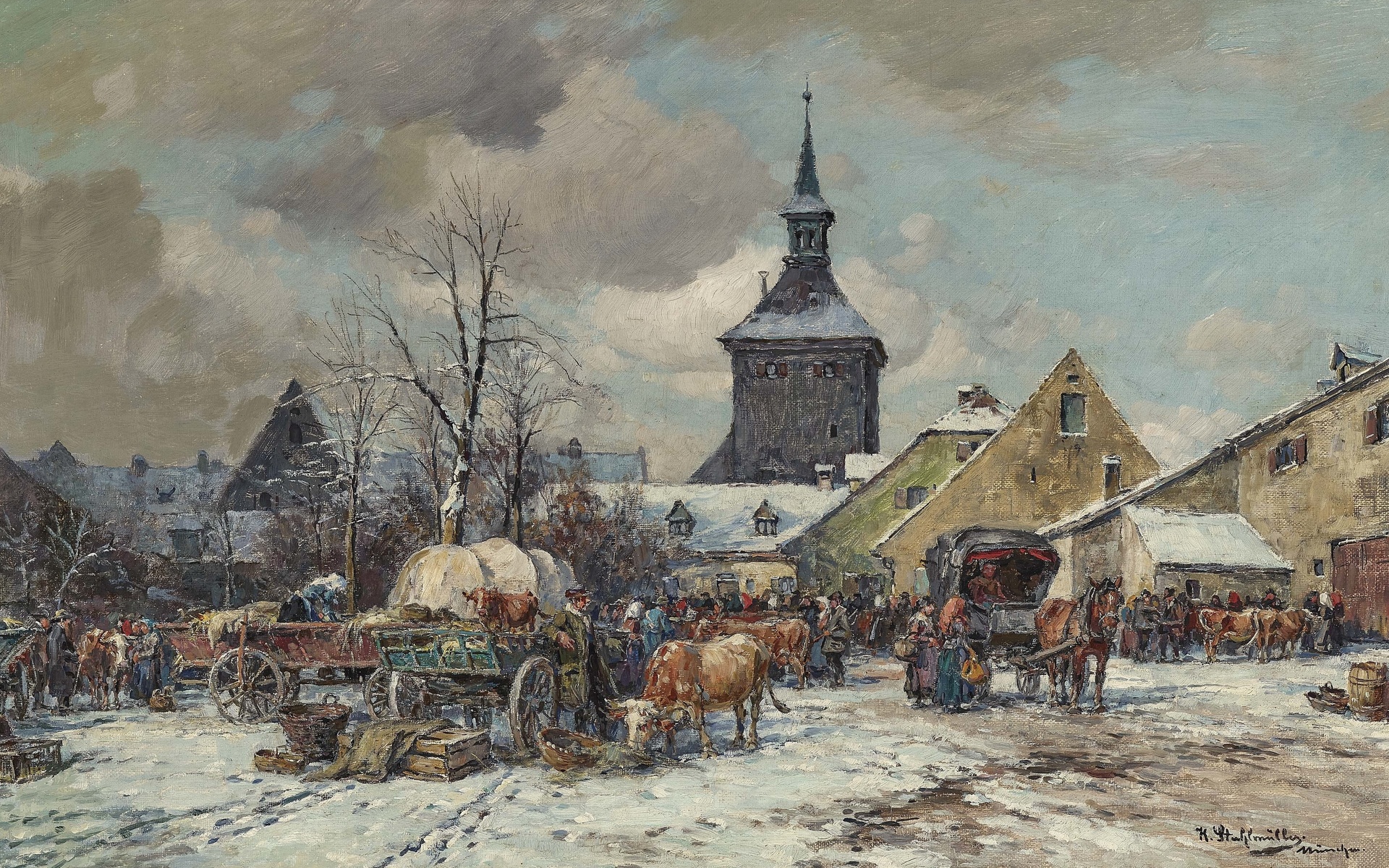  ,  ,   , winter cattle market, karl stuhlmuller, german painter
