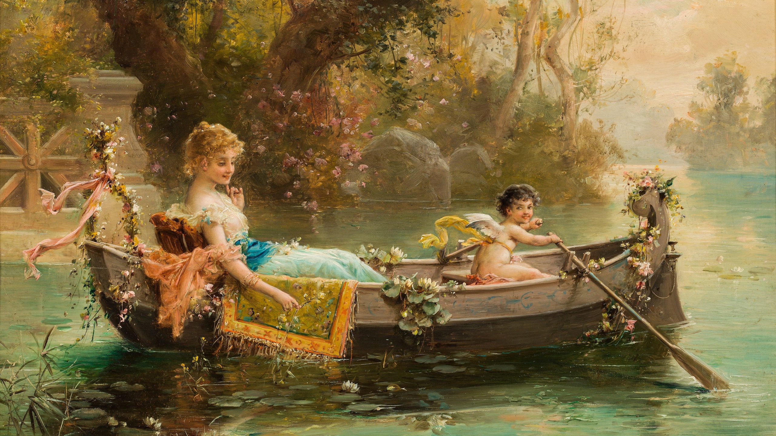 hans zatzka, austrian painter,  ,  , lady and a cherub in a boat,     
