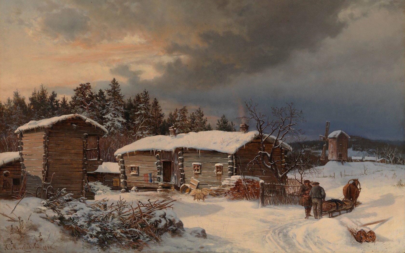 hjalmar munsterhjelm,  , 1866, winter landscape with farmhouse in hame,       , finnish national gallery