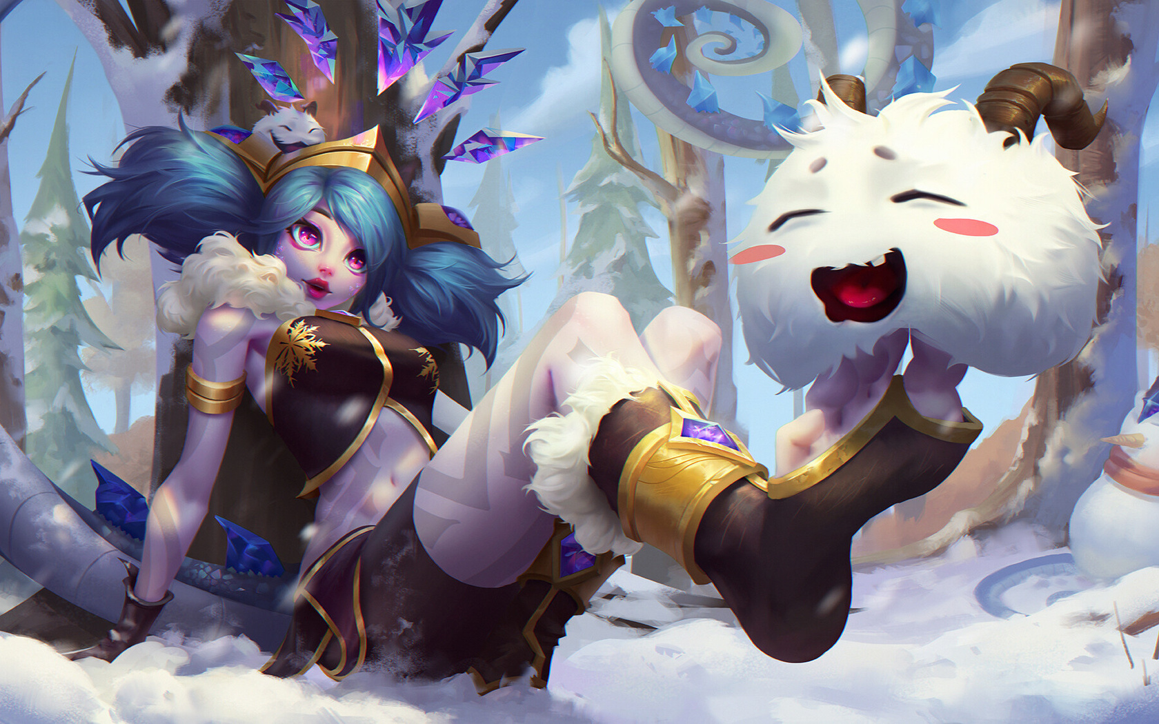 naifan zhang, neeko (league of legends), neeko, artwork, video games, video game art, digital art, animals, women, snowman, blue hair, snow, pine trees, purple eyes