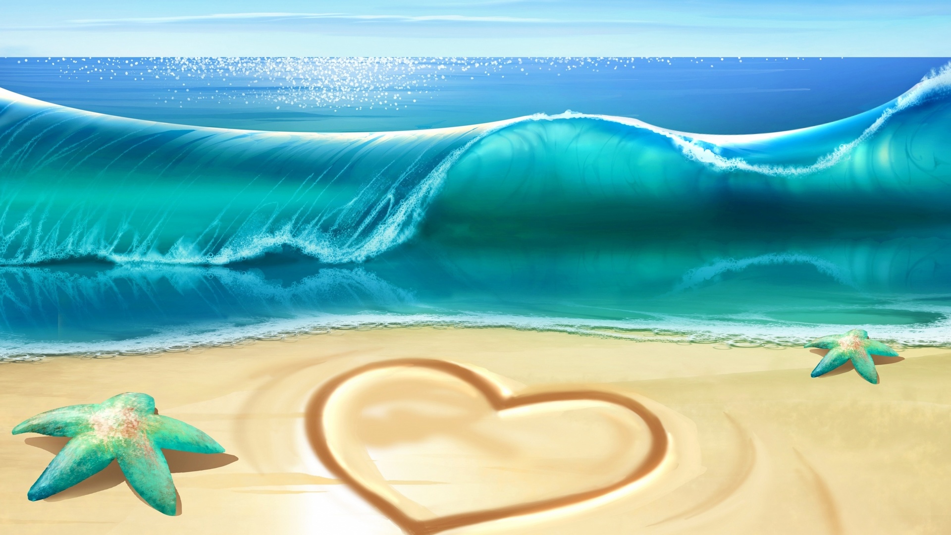 , , , , waves, , , beach, sea, heart, starfish