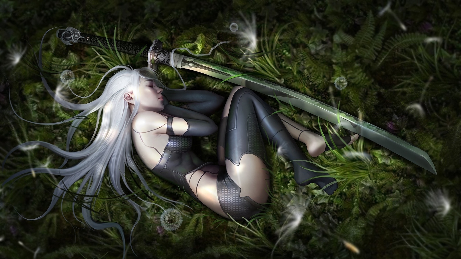 sano lee, yorha, a2 (nier: automata), 2b (nier: automata), nier: automata, katana, short pants, gloves, video games, video game girls, playstation 4, nier, women, closed eyes, white hair, stockings, black stockings