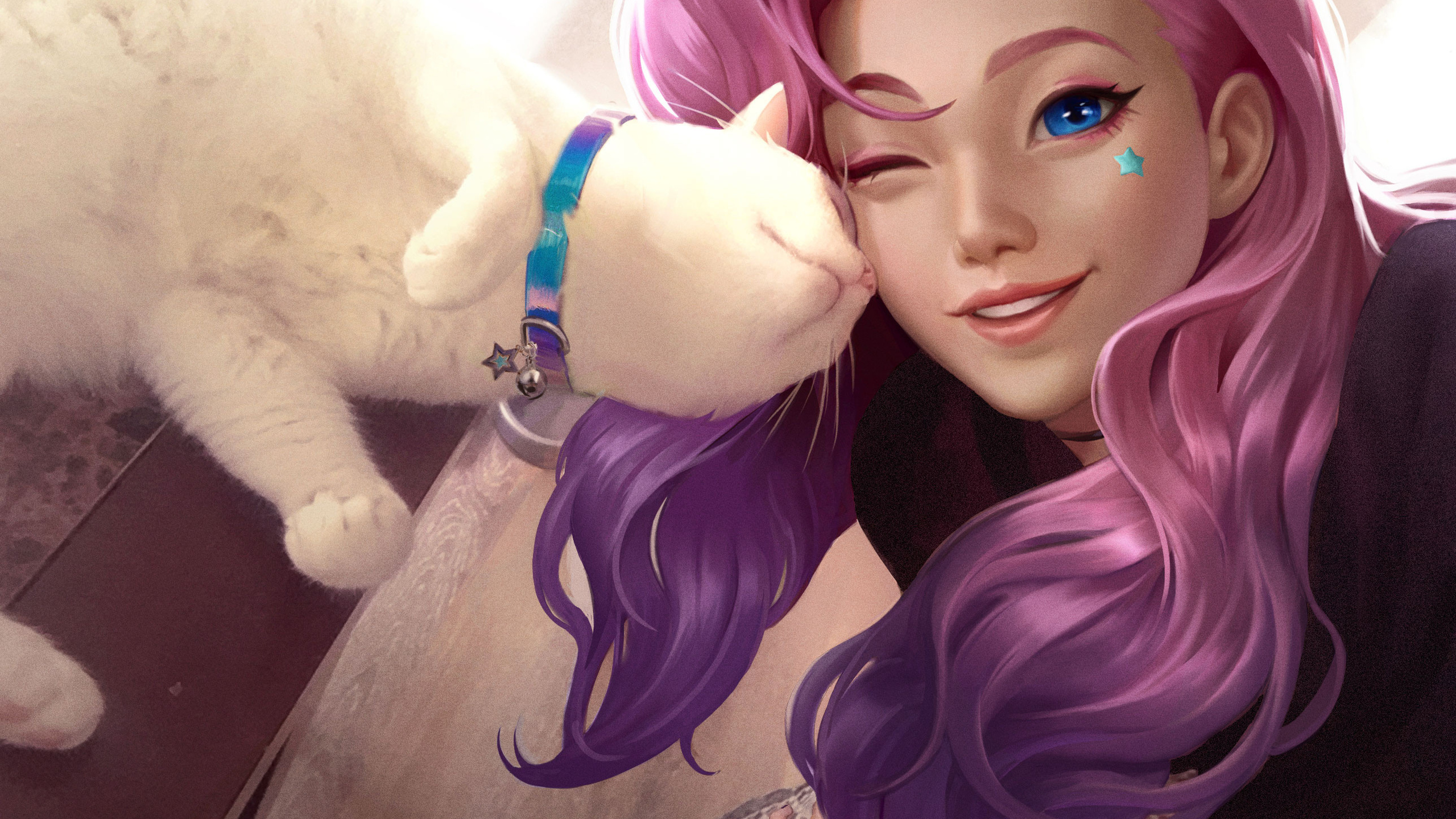 kudos productions, seraphine (league of legends), league of legends, kda seraphine, women, purple hair, blue eyes, cat, kda, fictional character, fan art, video games, video game girls, digital art, white cats