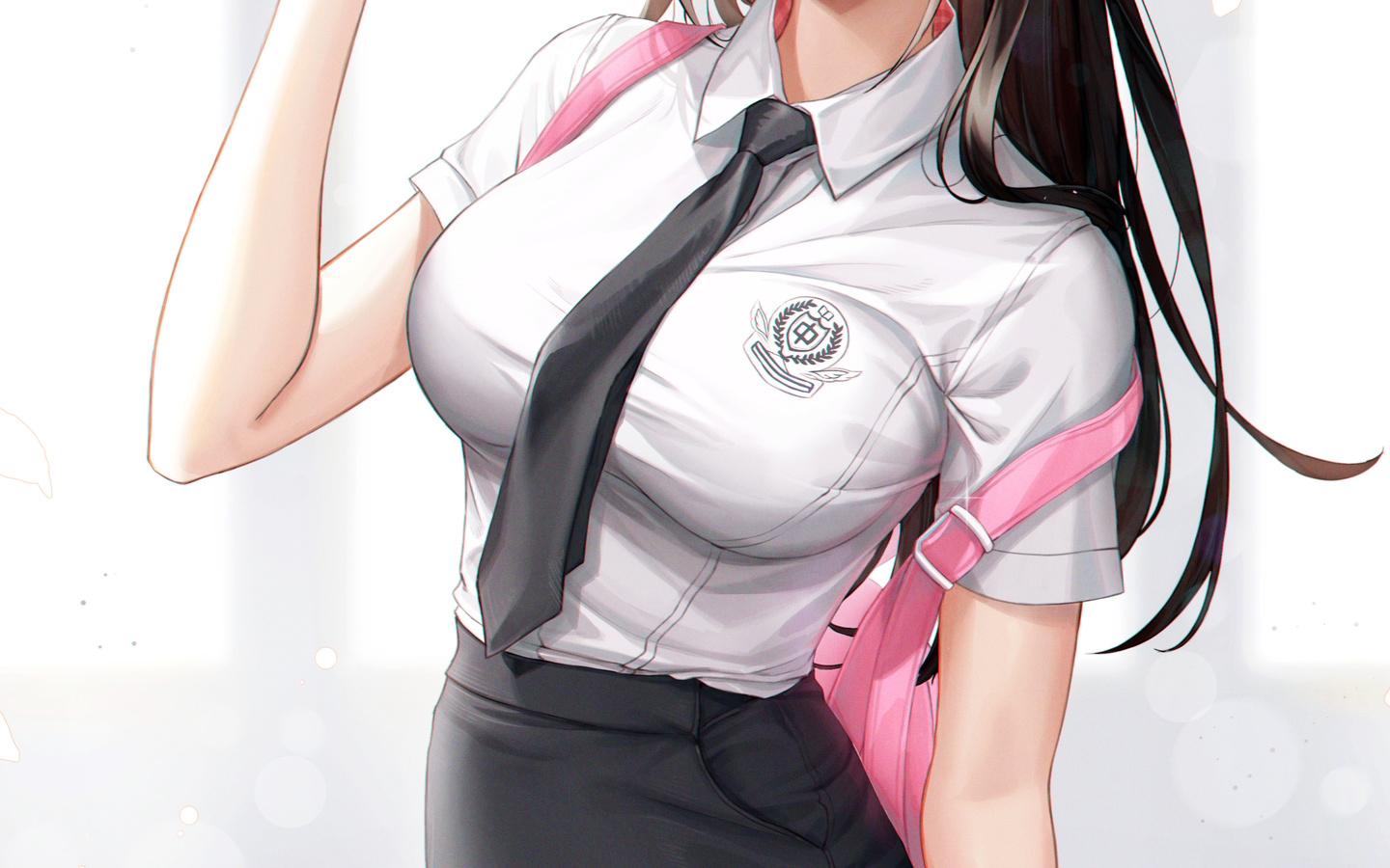 women, anime girl, brunette, school girl, school uniform, window, shirt, white shirt, miniskirt, digital art, blue eyes, necktie, tie, lollipop, backpack, headband