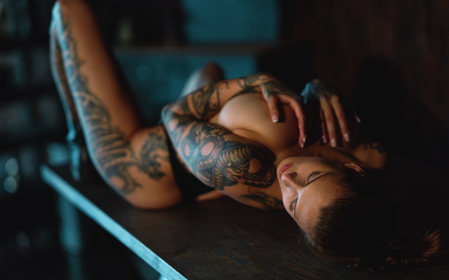 evgenia talanina, women, model, brunette, women indoors, lying on back, table, black panties, panties, thong, black thong, ass, tattoo, no bra, closed eyes, big boobs